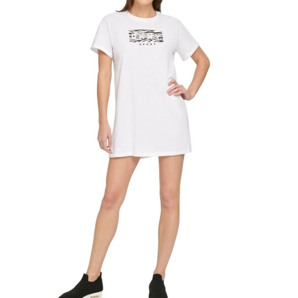 DKNY Sport Cotton Printed-Logo White T-Shirt Dress White Small NWT - Picture 1 of 3